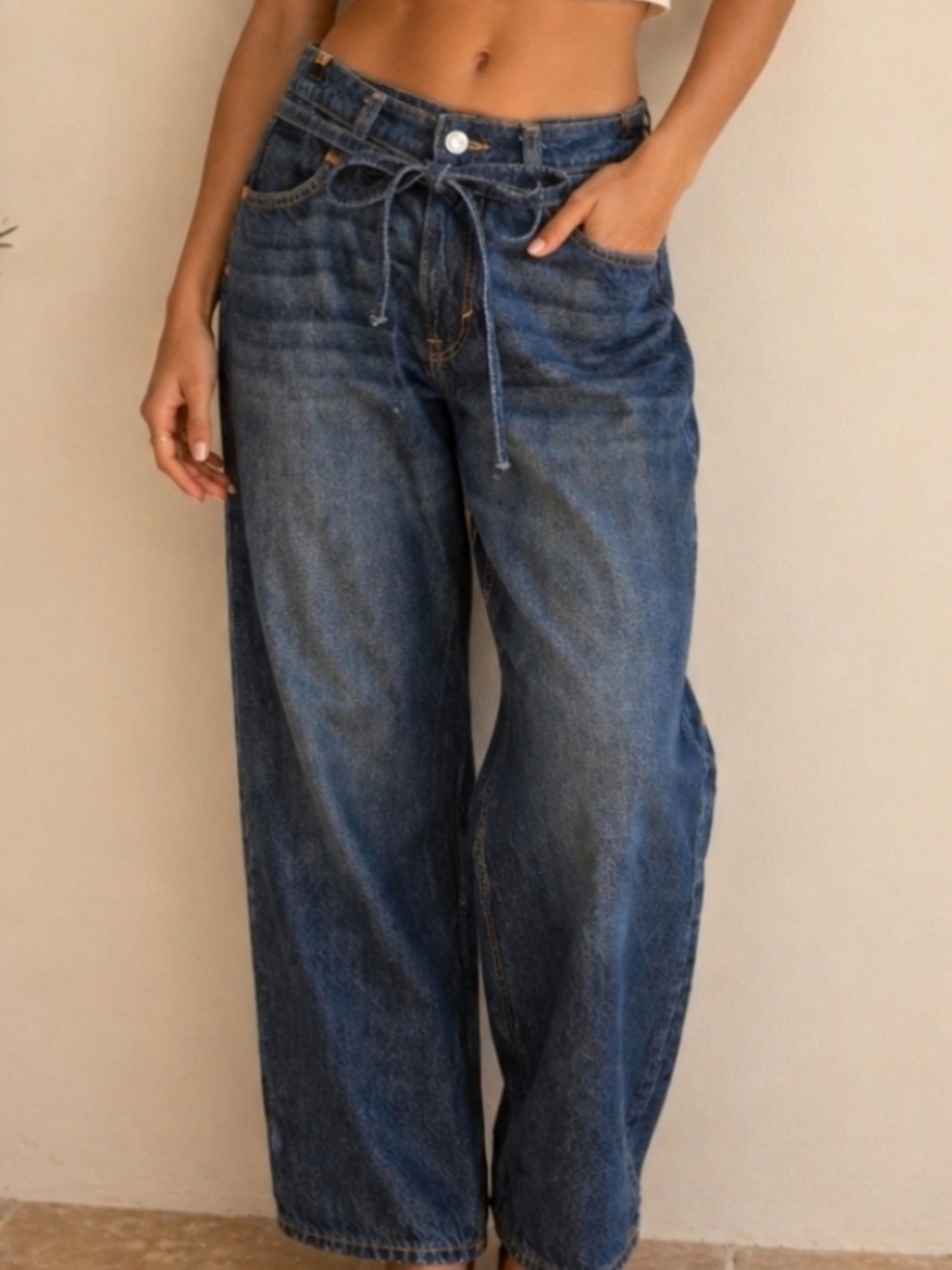 H&M &Denim Women 4 Belted Low Rise Loose Fit Wide Leg Super Baggy Jeans NWT